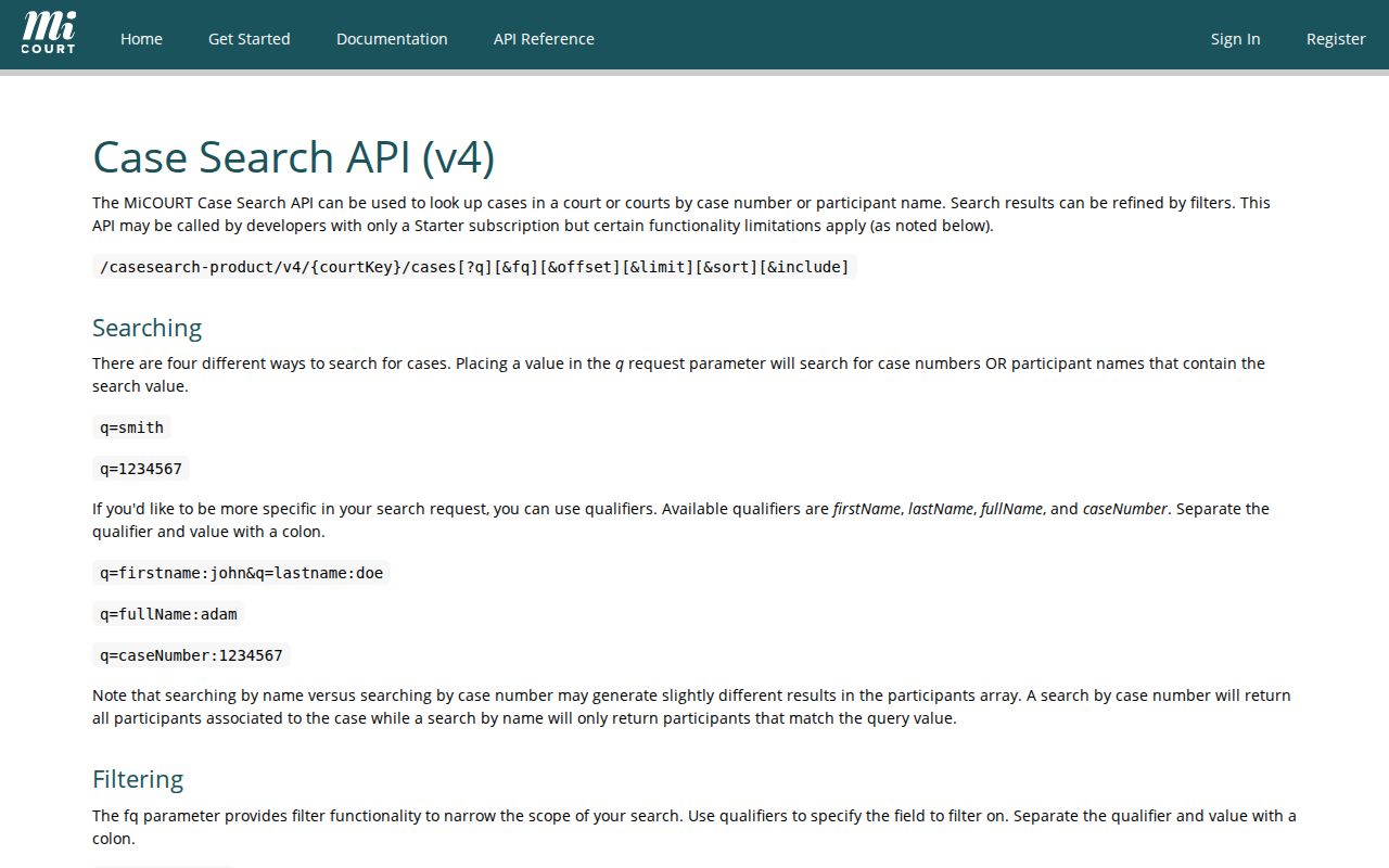 Mason County docket search reference showing MiCOURT case-search API fields