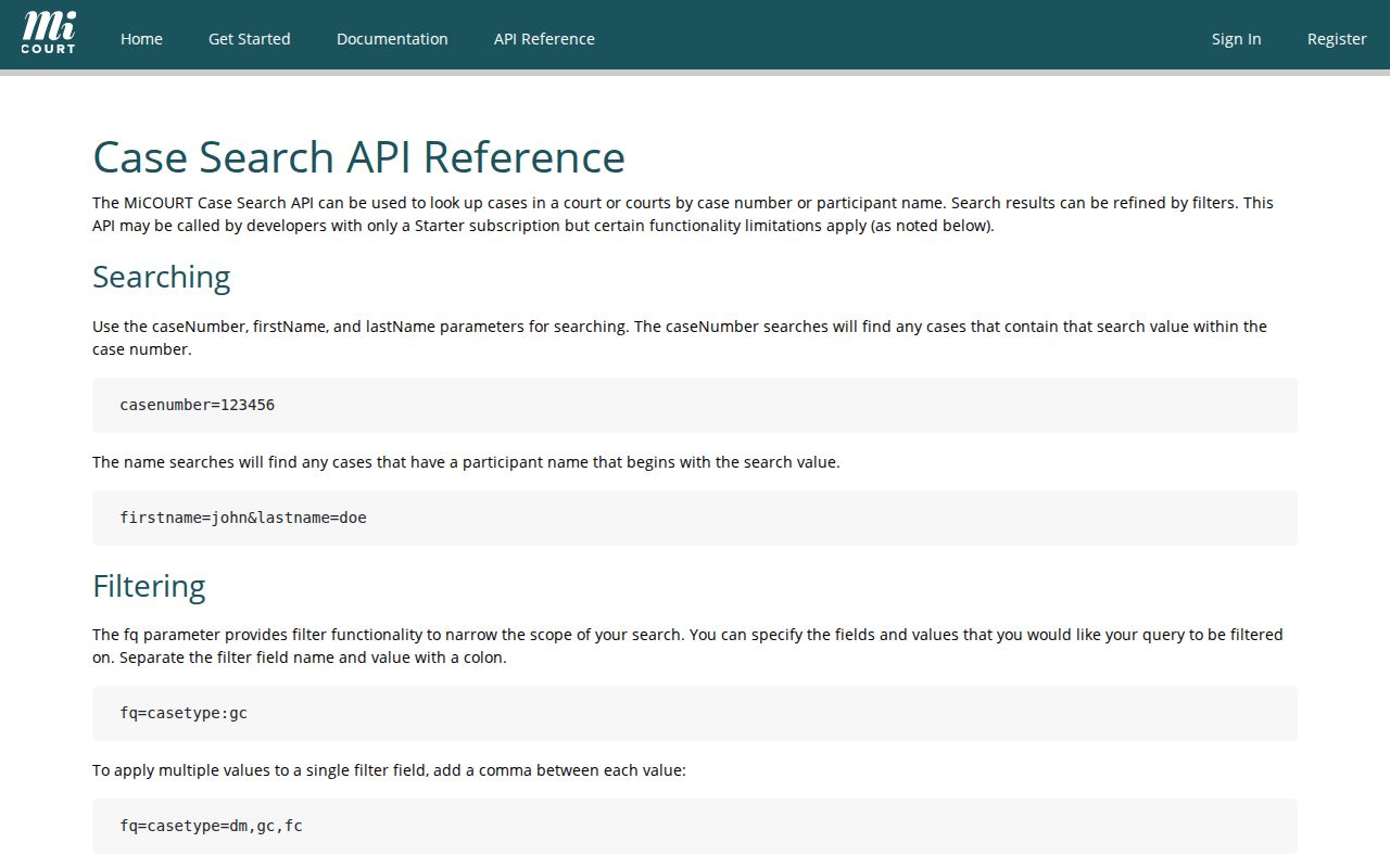 Mason County case search reference showing MiCOURT case-search overview
