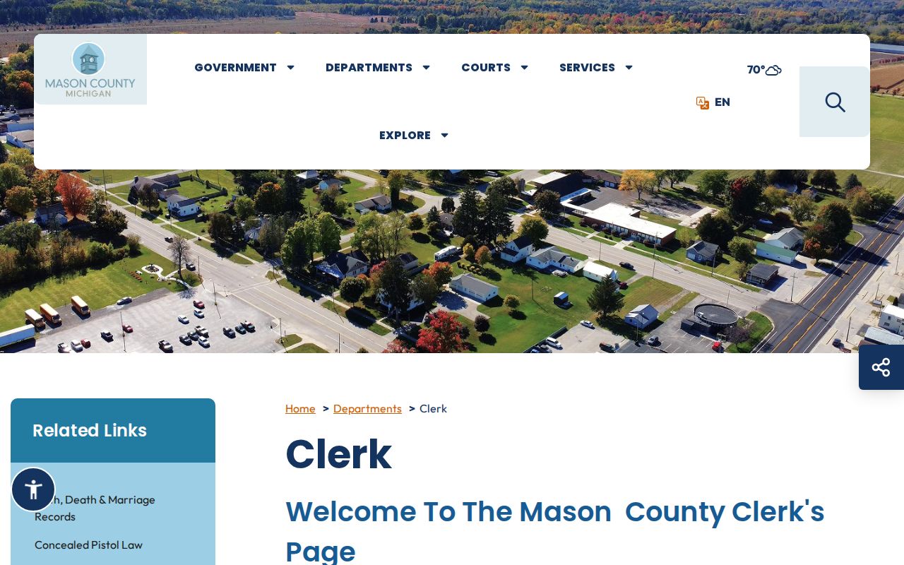 Mason County court records reference showing County Clerk contact and hours