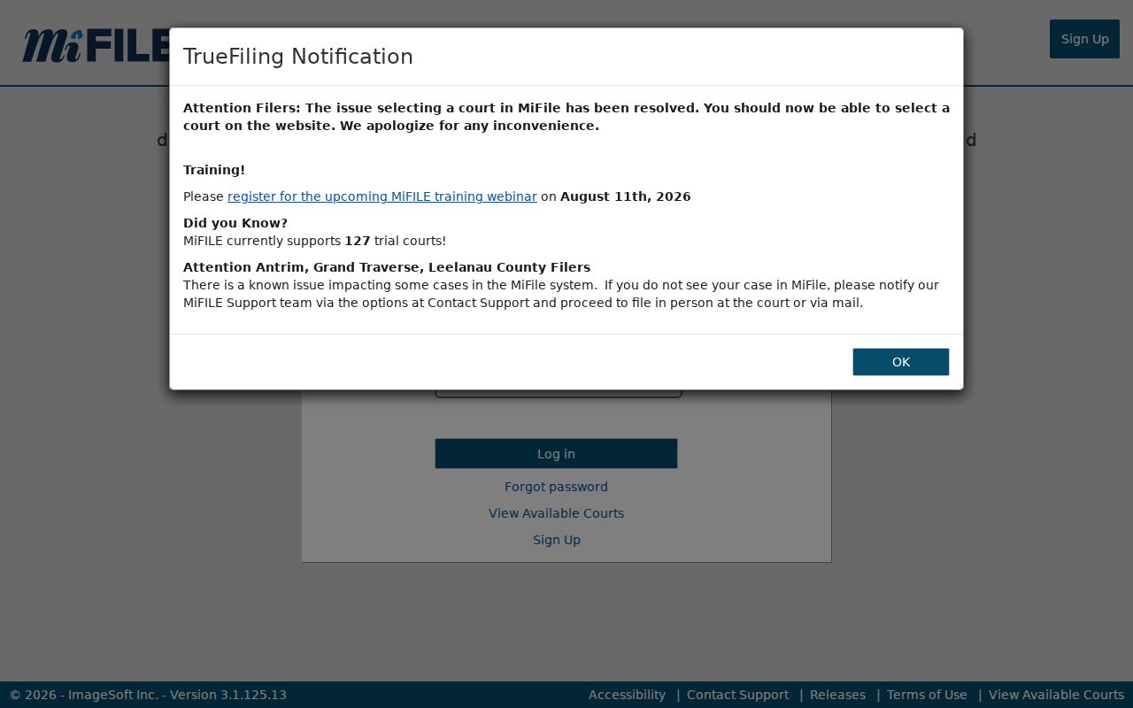 Mason County court records reference showing MiFILE filing login