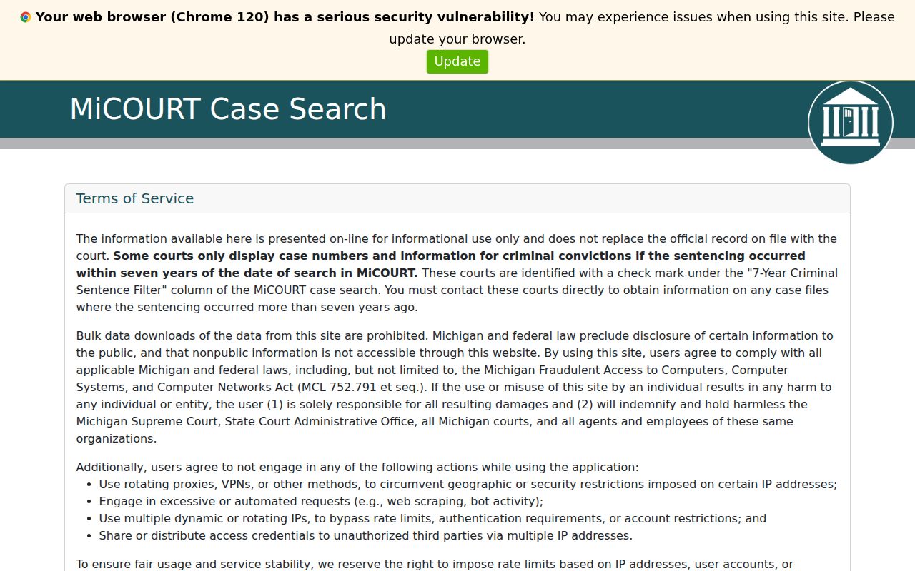 Mason County court docket search interface at MiCOURT