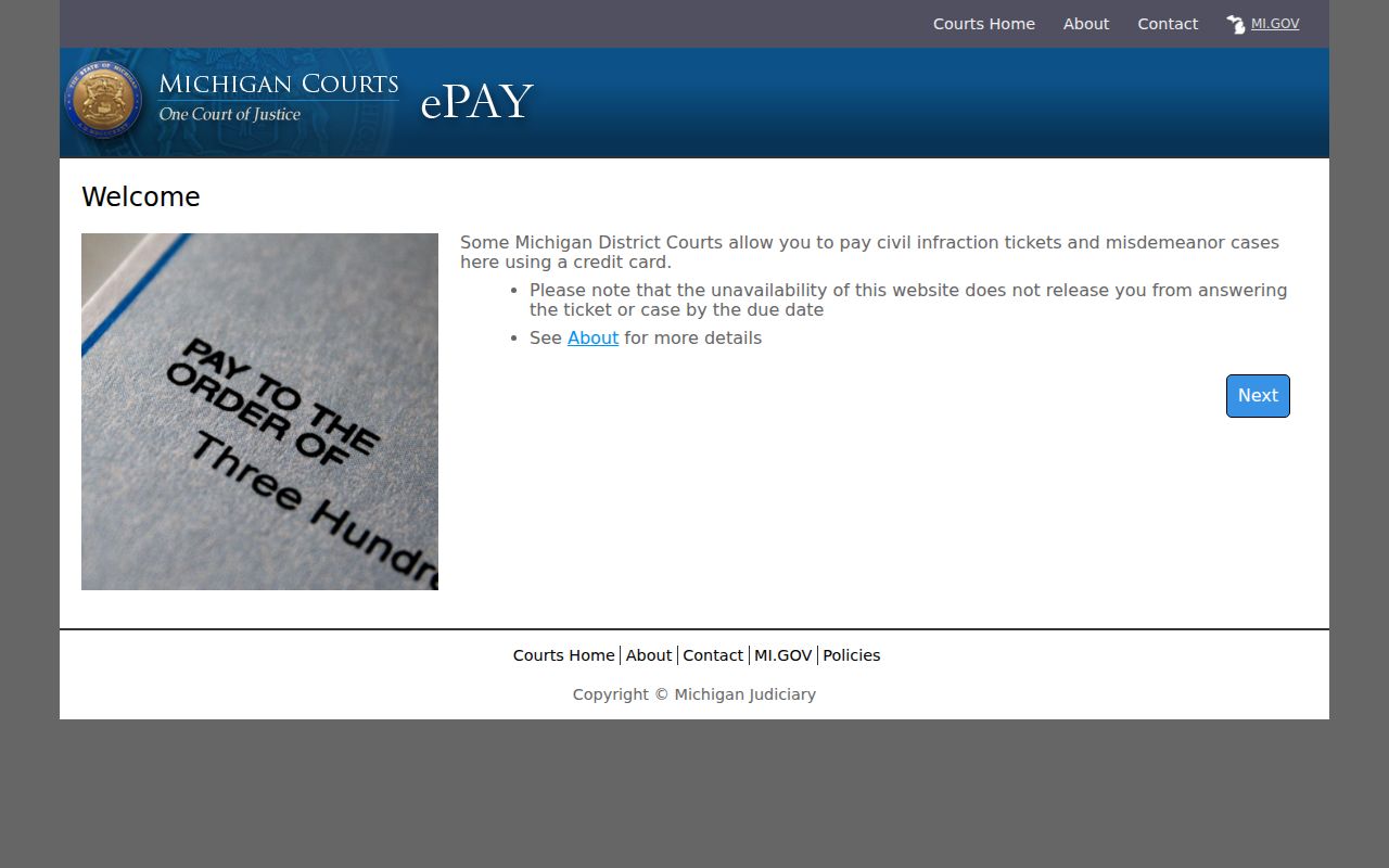Mason County traffic court records reference showing Michigan ePAY entry page